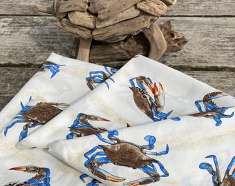 Blue Crab Design Cloth Dinner Napkins, Modern Coastal, Beach, Nautical, Seafood, Boat, Yacht Decor, Washable Reusable Handmade Table Linens