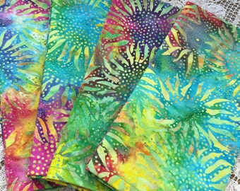 Bright Tie Dye Look Sunflower Batik Cloth Napkins, Boho, Hippie, Party, Summer, Spring, Handmade Home Table Decor, Washable Reusable