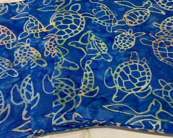 Blue Sea Turtle Print Batik Cloth Dinner Napkins, Coastal, Beach, Boat, Yacht, Ocean, Sailboat, Handmade Home Decor, Washable, Reusable