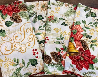 Christmas Cloth Napkins with Bells, Poinsettias, Pinecones, Ribbons outlined in Metallic Gold, Dinner Napkins, Joyeux Noel, Musical Notes