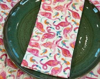 Festive Pink Flamingo Cloth Party Napkins, Colorful Table Linens, Hostess Gift Basket, Washable, Reusable, Handmade Home Decor