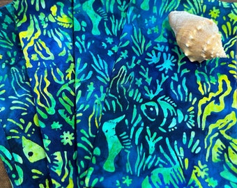 Navy Blue, Yellow and Green Batik Cloth Napkins, Fish, Seaweed, Coastal, Beach, Nautical, Marine, Boat, Party Decor, Washable, Hostess Gift