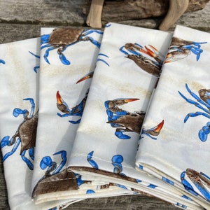 Modern Coastal Blue Crab Dinner Napkins, Beach Nautical Ocean Decor, Reusable and Washable,  Handmade Table Linens, Seafood Napkin