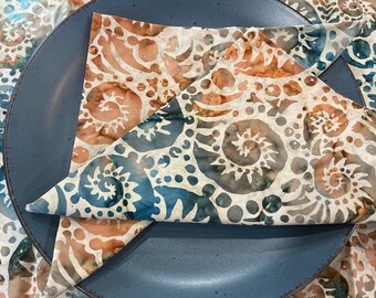 Nautilus Shell Print Batik Cloth Napkins, Seashells, Ocean, Beach, Boat, Sailboat, Yacht Handmade Home Decor, Washable, Reusable, USA Made