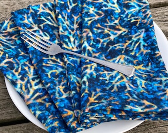 Coral Reef Print Dinner Napkins, Modern Coastal, Beach, Nautical, Boat, Yacht Decor, Washable, Reusable Handmade Cotton Cloth Napkins