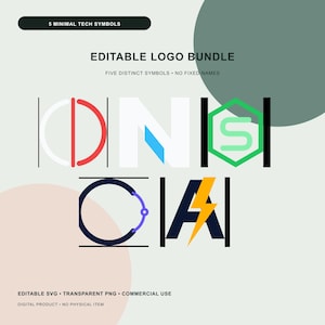 Puede incluir: Un paquete de logotipos digitales con cinco símbolos tecnológicos minimalistas. El gráfico muestra un círculo rojo y blanco, una letra N azul y blanca, un hexágono verde con una S, un círculo azul oscuro con un conector y una letra A azul oscuro con un rayo amarillo.