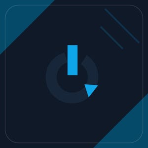 May include: A dark blue square graphic featuring a central power symbol icon. The icon consists of a dark circular ring with a bright blue vertical rectangle at the top and a bright blue triangle pointing right at the bottom right corner.
