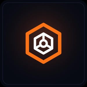 Puede incluir: Un icono gráfico que presenta un contorno hexagonal naranja intenso que rodea una forma de cubo geométrico blanco más pequeño. El cubo está compuesto por líneas blancas que forman una estructura hexagonal con un círculo central.