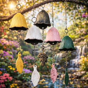 May include: A collection of decorative wind chimes with bell-shaped tops in various colors, including yellow, black, white, pink, and green. Each chime hangs from a chain and features a leaf-shaped pendant. The background is a blurred garden scene.