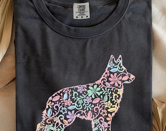 German Shepherd Silhouette T-Shirt: Floral Boho Botanical Dog Graphic Tee