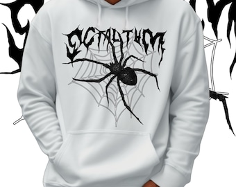 Spider Web Hoodie : Death Metal Typography Graphic, Darkwear Y2K Grunge Streetwear Pullover