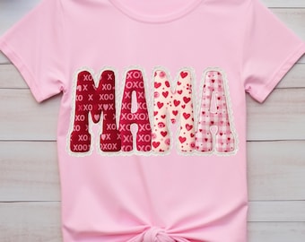 Mama Valentine Shirt: Pink “MAMA” Patch Letters Heart Pattern, Retro Mom Valentine Gift Tee, Mama Is My Valentine Sweatshirt