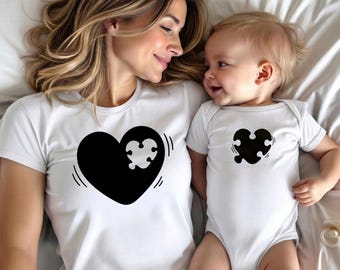Mommy and Me Shirt Set: Heart Puzzle Matching Mom Baby Outfit, Neutral Brown, Mother Son or Daughter, Baby Onesie, New Mom Gift