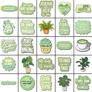 May include: A collection of green and white stickers with motivational quotes and illustrations. The stickers feature phrases like "Asking for help is OK," "Make today amazing," and "Little steps matter." Some stickers include images of plants and a cup of coffee.