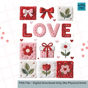 Könnte beinhalten: Ein digitaler Download mit dem Wort „LOVE“ in gestickten Buchstaben, umgeben von Herzen und dekorativen Quadraten mit Schleifen, Blumen und einer Geschenkbox. Die Farbpalette umfasst Rot, Rosa, Weiß und Grün.