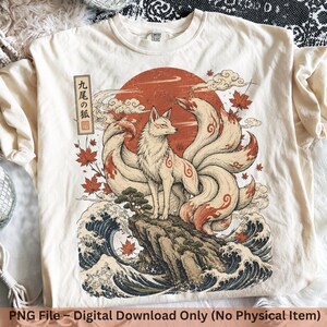 Kitsune Fox PNG, japansk Yokai-konst digital nedladdning, vintage Ukiyo-e niosvansad räv sublimeringsdesign, höstskjortagrafik