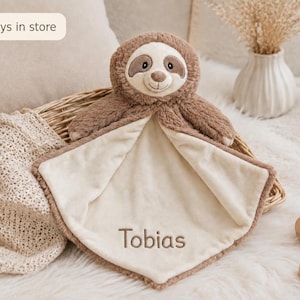 Doudou bébé, motif paresseux brodé avec prénom personnalisé, 40 × 23 cm