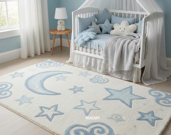 Moon and Stars Nursery Rug | Soft Blue Baby Room Decor