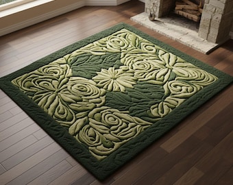 Handmade Green Floral Wool Rug, Carved Botanical Carpet