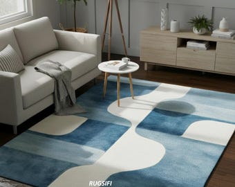 Handmade Abstract Blue Wool Area Rug, Geometric Tufted Carpet