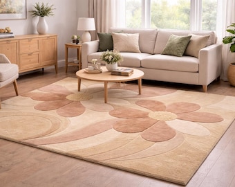 Handmade Wool Floral Area Rug, Beige Brown Flower Pattern