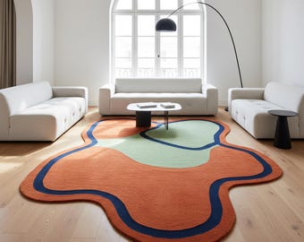 Alfombra ondulada tejida a mano, alfombra abstracta moderna de mediados de siglo, arte para sala de estar en tonos naranja y verde.