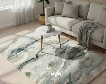 Handmade Neutral Abstract Wool Rug, Contemporary Beige Blue Carpet
