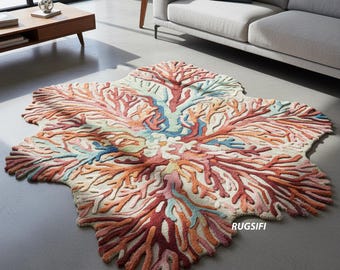 Handgemaakt koraalwollen vloerkleed | Boho woonkamerdecoratie kust