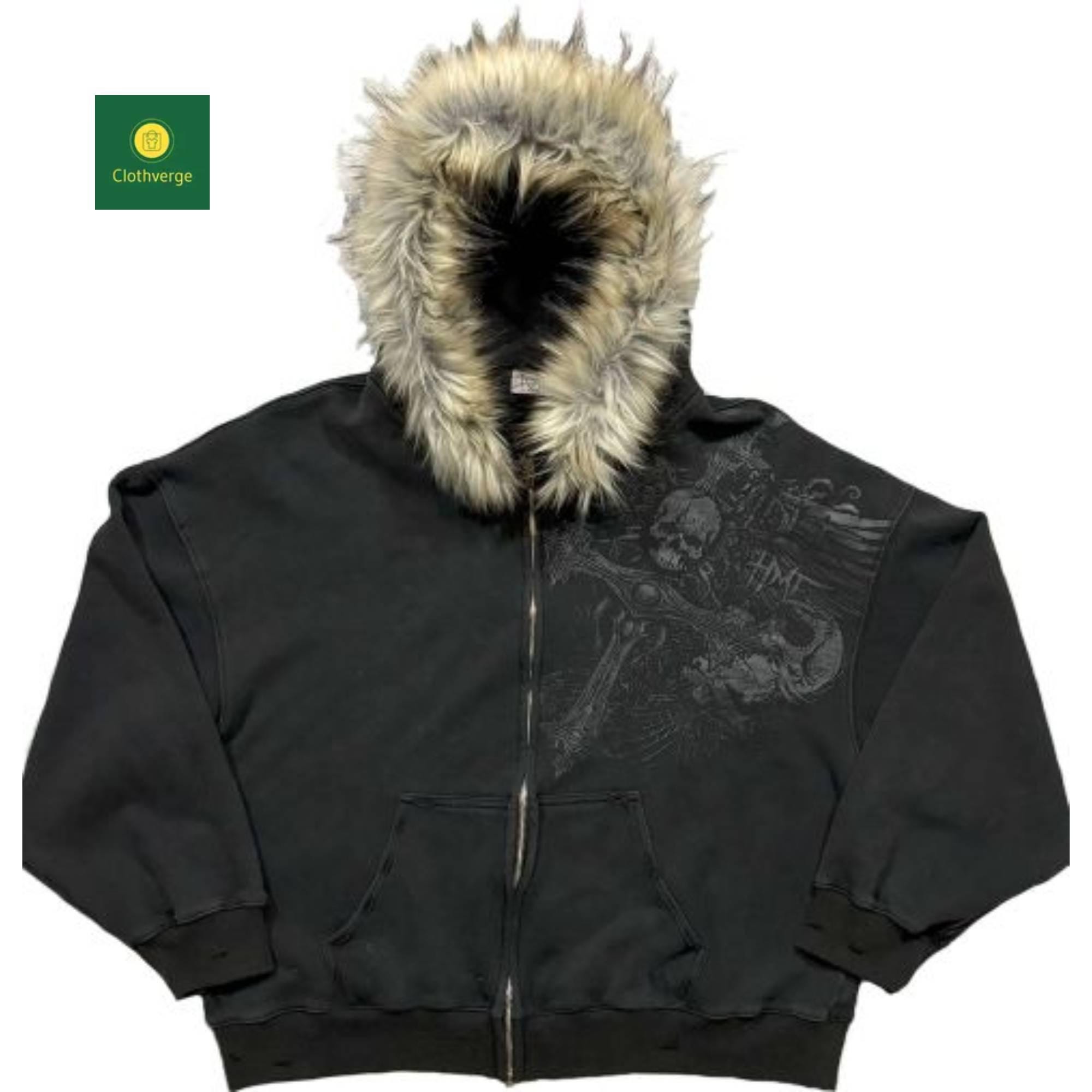 00s fox fur black short zip jacket Y2K Fur Hoodie Jacket Y2k Men