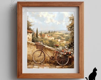Vintage Bicycle Flower Baskets, Tuscan Countryside Printable Wall Art (Digital Download) 162