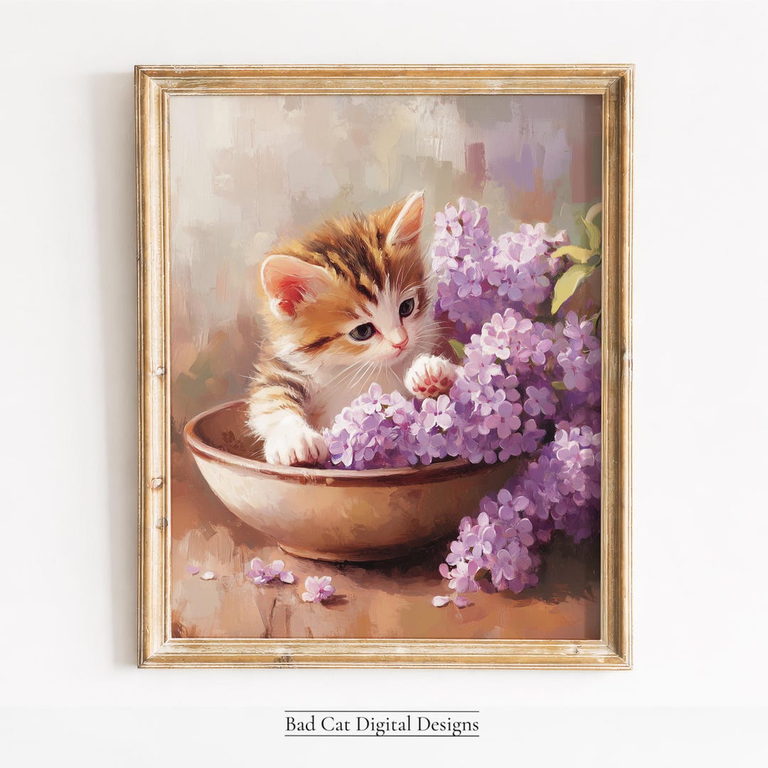 Vintage Kitten Wall Art Printable, Cottagecore Cat Floral Decor, Cute ...