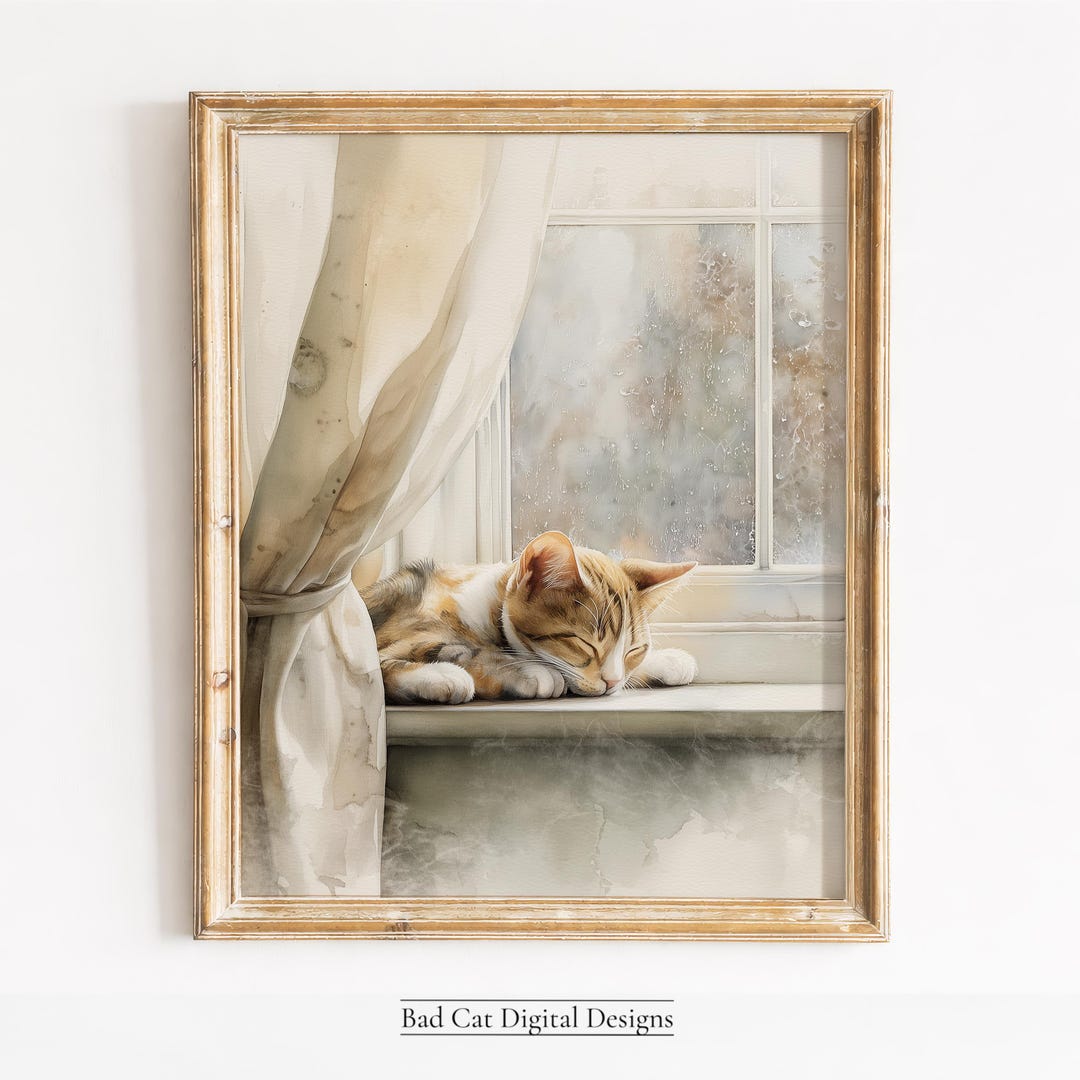 Sleeping Cat by Rainy Window, Cozy Watercolor Farmhouse Decor (digital ...