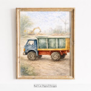 Aquarell Kipper Kinderzimmer Wand Kunst niedliches Baustellenfahrzeug Kinderzimmer druckbare Dekoration 214