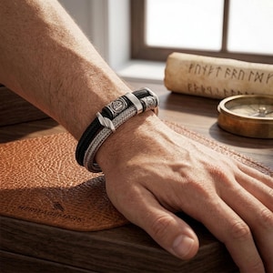 Op de afbeelding: Een meerstrengs armband met een zwart gevlochten koord en een zilverkleurig geweven koord, geaccentueerd met metalen kralen gegraveerd met Noors geïnspireerde symbolen en een centrale zilverkleurige sluiting om de pols.