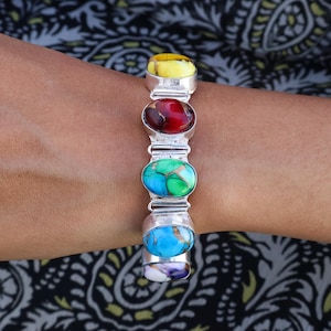 Handmade Sterling Silver Multi Oyster Turquoise Gemstone Bracelet, Adjustable Chain Toggle