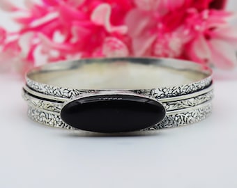 Black Onyx Spinner Bangle, Sterling Silver Meditation Ring