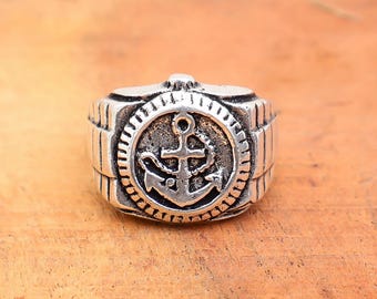 Ankare signetring i sterlingsilver, graverade nautiska smycken