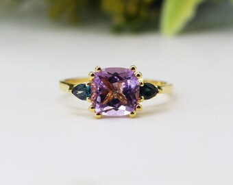 Amethyst & Blautopas Ring, 14k Gold Plated 925 Sterling Silber, Vintage Style