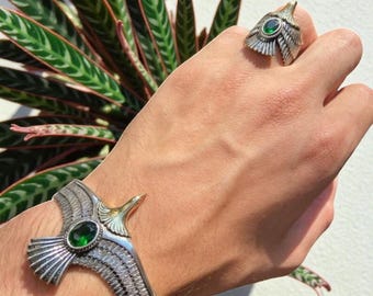 Emerald Eagle Cuff Bangle, 925 Sterling Silver, Unisex Jewelry