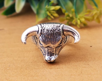 Anel de prata esterlina com cabeça de touro, animal detalhado, signo de Touro, joia boho punk.