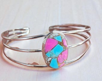 Pink Cotton Candy Turquoise Bangle, Open Cuff Bangle, 925 Sterling Silver, Three Band Bangle, Charm Bangle, Unique Bangle, Statement Bangle*