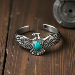 Brazalete de plata de ley con águila y turquesa, joyería unisex