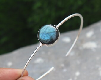 Adjustable Labradorite 925 Silver Bangle, Open Cuff Charm