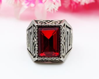 Emerald Cut Garnet Ring, Wide Band 925 Sterling Silver, Unisex
