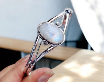 Rainbow Moonstone Bangle, 925 Sterling Silver Open Cuff