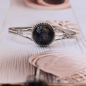 Armring i sterlingsilver med labradoritpärlor, justerbara bohemiska manschettsmycken