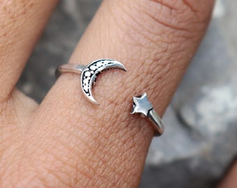 Crescent Moon & Star Ring, Open Band Ring, Lightweight Ring, 925 Sterling Silver, Unique Ring, Celestial Style Ring, Minimalist Star Ring***