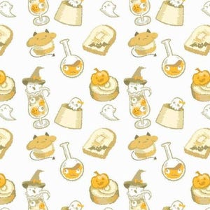May include: A repeating pattern of Halloween-themed illustrations on a white background. The design includes cartoon ghosts, pumpkins, potion bottles, desserts, and other spooky elements in shades of orange, yellow, and beige.