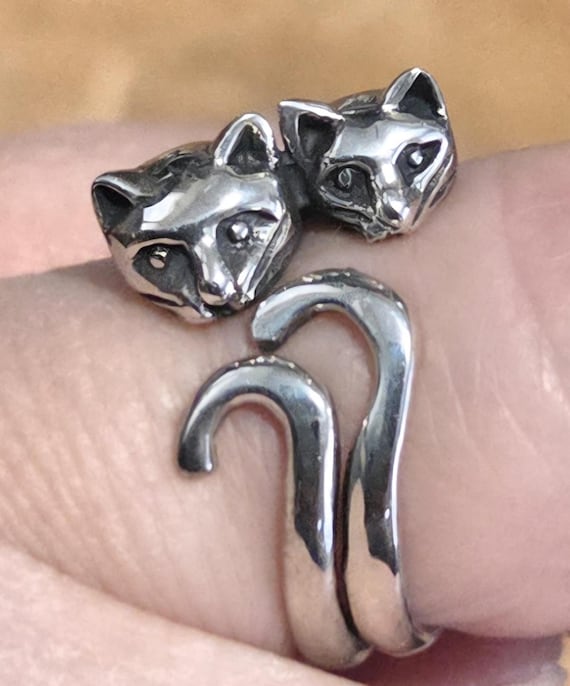 sterling silver double headed cat ring - image 1