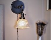 Ruffled Shade Light - Articulating Wall Sconce with Antique Holophane Crystal Glass Shade - Brass Light Fixture - Vintage Lamp Mood Lighting